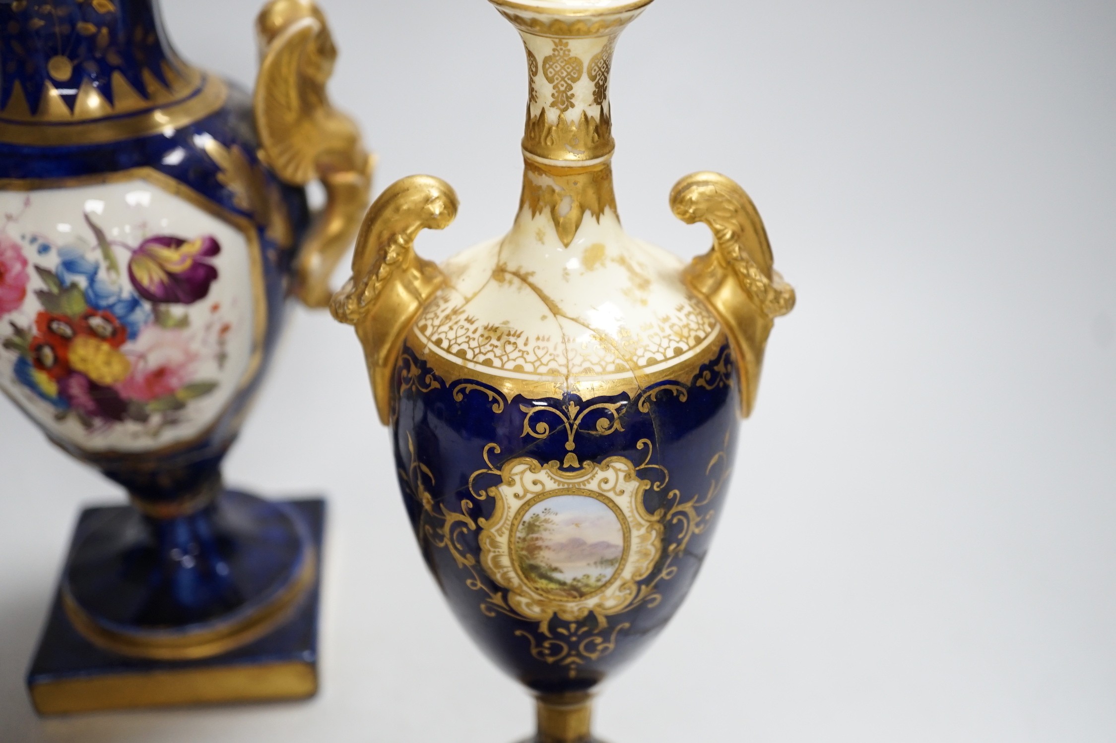 A two-handled pedestal Coalport vase, together with two other vases and a pair of posy vases. Tallest 22cm